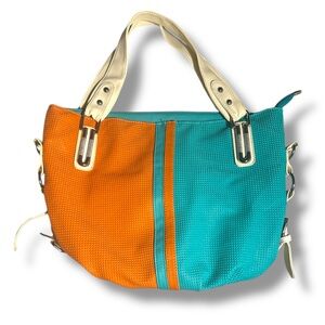 ECOSSE Vintage Textured Satchel Handbag Cream Turquoise Orange Retro Purse